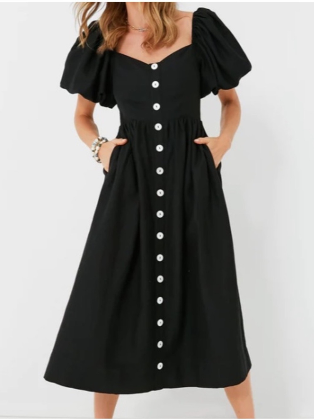 Tuckernuck Alexis Puff-Sleeve Button-Front Midi Dress, Black, Medium
